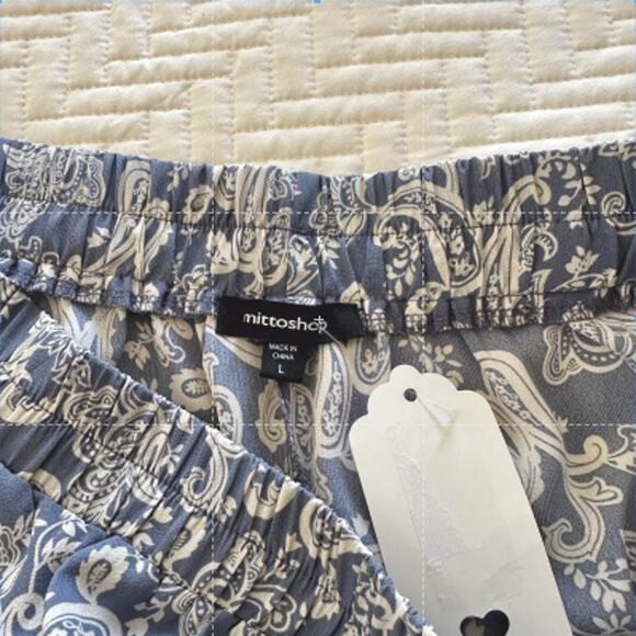 NWT Mittoshop Wide Leg Pants Elastic Waist Paisley Blue and Cream Size Large - Picture 3 of 7